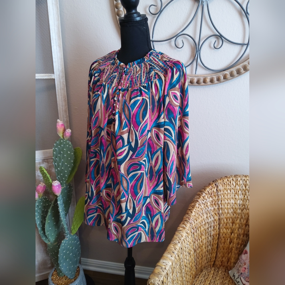Investments Multicolor Leaf-Print Smocked-Neck Blouse - Picture 4 of 11